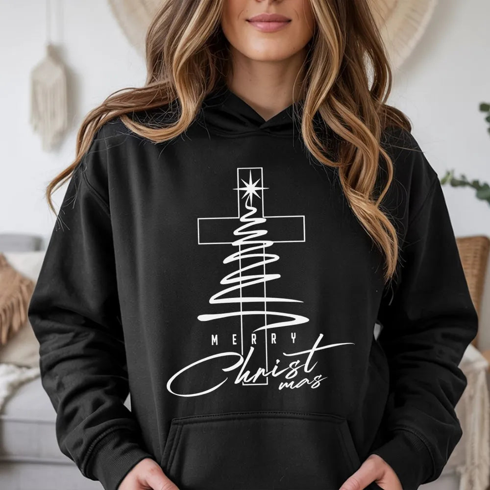 Christian Christmas Tree Hoodie, Merry Christmas Cross Hoodie, Religious Faith Holiday Hoodie, Winter Pullover Sweatshirt, Fa