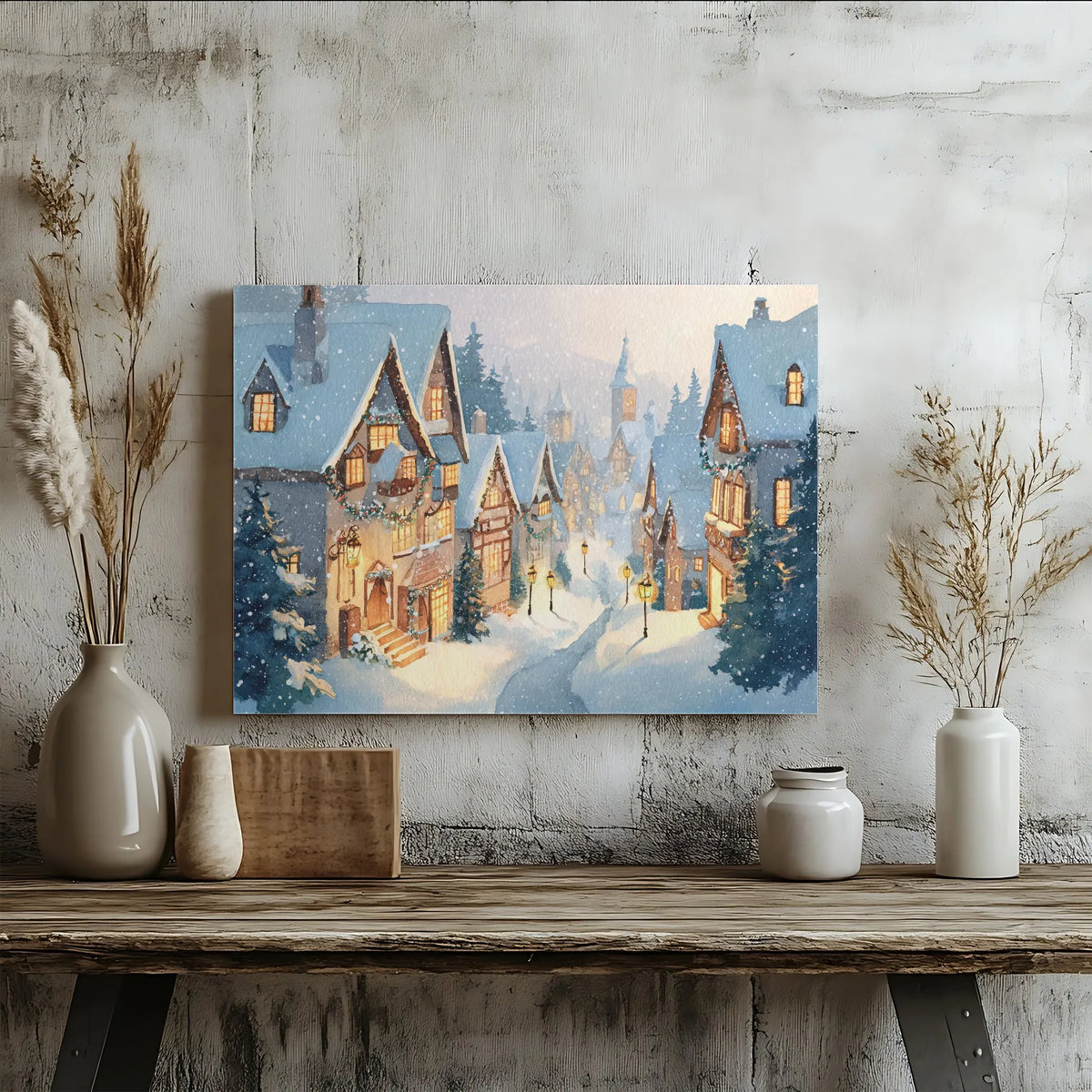 Winter Town Watercolor Canvas, Christmas Village Canvas Wall Art, Holiday Seasonal Canvas Print, Comfy Xmas Wall Decor, Chris