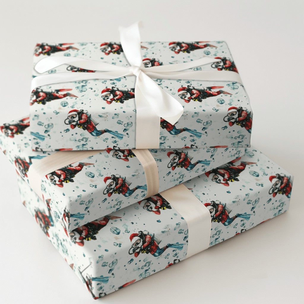 Nautical Ocean Holiday Gift Wrap Paper, Scuba Diving Santa Christmas Wrapping Paper, Scuba Diver Wrapping Paper, Xmas Gift Wr