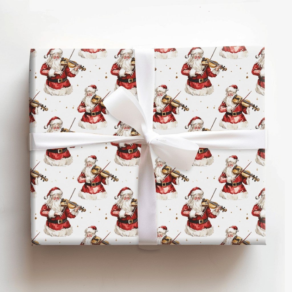 Watercolor Christmas Wrapping Paper Roll, Musical Santa Violinist Wrapping Paper, Classical Music Gift Wrap, Holiday Santa Wr