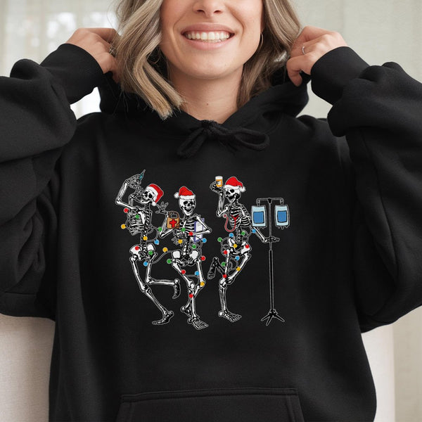 Dancing Skeleton Medical Nurse Hooded Sweatshirt, Christmas Nurse Hoodie, Humorous Xmas Healthcare Staff Sweater, Holiday Nur