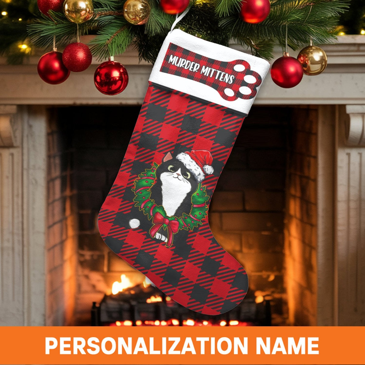 Humorous Black Cat Holiday Stocking, Personalized Murder Mittens Cat Christmas Stocking, Custom Pet Name Xmas Stocking, Pet L