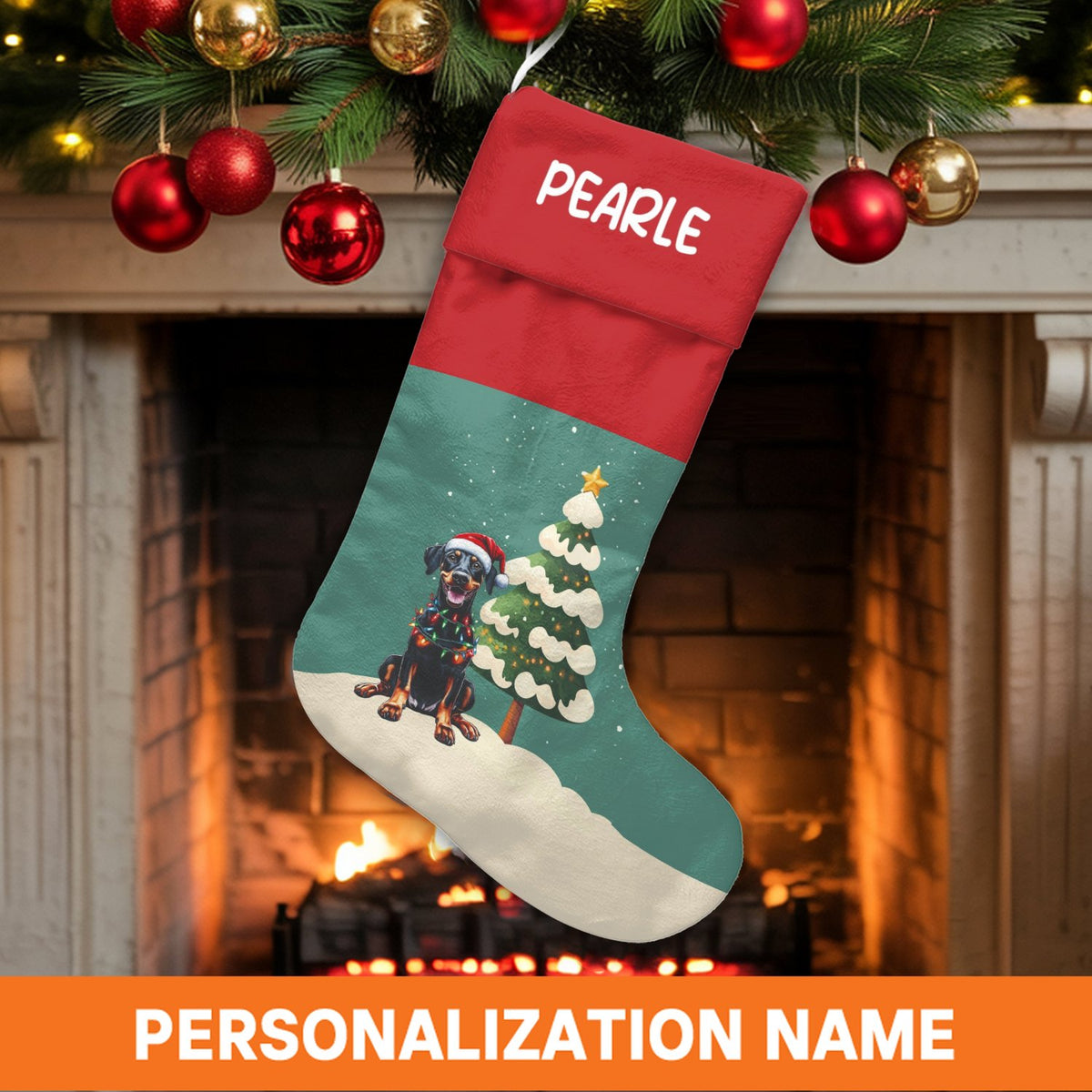 Personalized Dog Christmas Stocking, Doberman Christmas Stocking, Custom Pet Holiday Stocking, Doberman Pinscher Mantel Decor