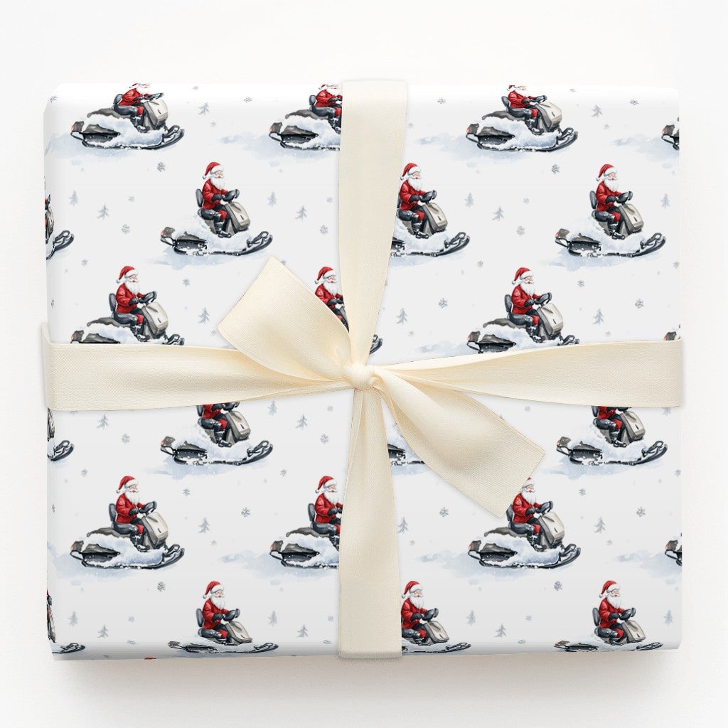 Snowflake Watercolor Gift Wrap, Snowmobile Santa Claus Wrapping Paper, Winter Sports Christmas Wrapping Paper, Holiday Presen