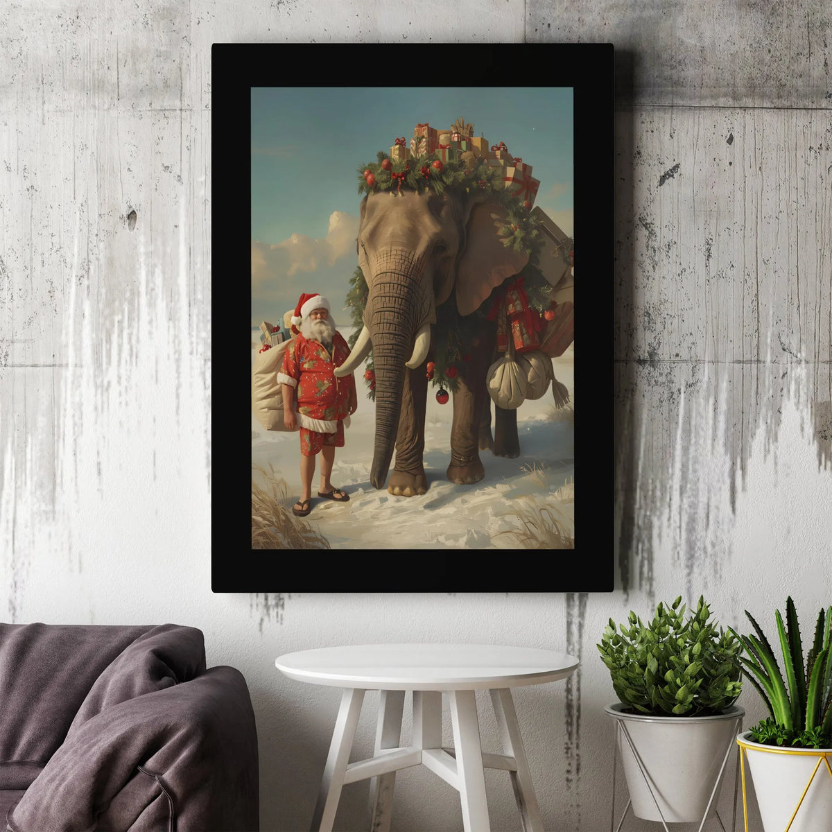 Whimsical Holiday Animal Canvas Art, Tropical Santa Claus Elephant Canvas, Festive Safari Christmas Canvas Print, Winter Wild