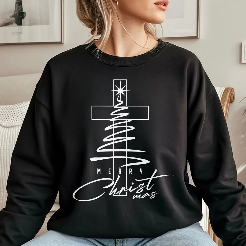 Minimal Cross Tree Crewneck, Christian Christmas Sweatshirt, Religious Holiday Sweatshirt, Faith Based Pullover, Christian Pr