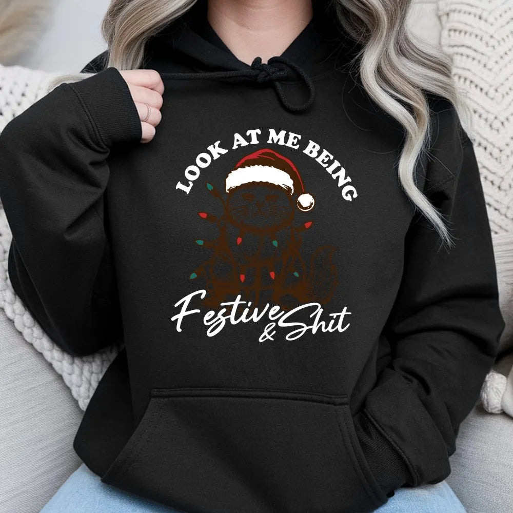 Sarcastic Kitten Holiday Hoodie, Humorous Grumpy Cat Christmas Hoodie, Adorable Cat Lover Xmas Hoodie, Winter Animal Graphic 