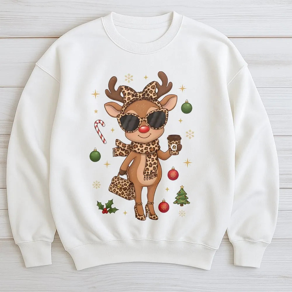 Leopard Print Reindeer Sweatshirt, Boujee Reindeer Sweatshirt, Christmas Deer Holiday Crewneck, Adorable Winter Pullover Rein