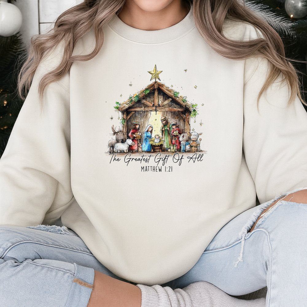 Greatest Present of All Crewneck, Nativity Scene Sweatshirt, Christian Christmas Sweatshirt, Religious Xmas Pullover, Faith H