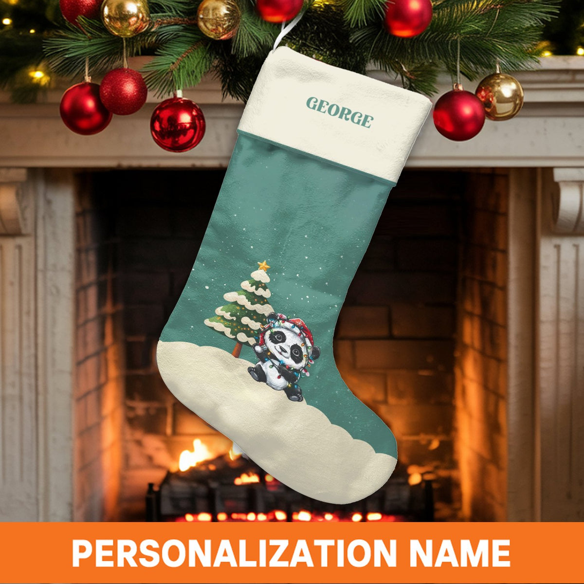 Personalized Panda Stocking, Panda with Christmas Lights Stocking, Adorable Animal Holiday Stocking, Custom Christmas Stockin