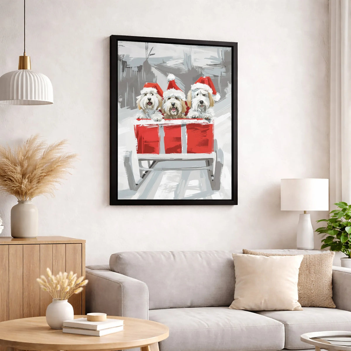 Adorable Dogs in Santa Hats Wall Art, Christmas Dogs Sleigh Canvas Print, Festive Winter Holiday Poster, Puppy Lover Digital 