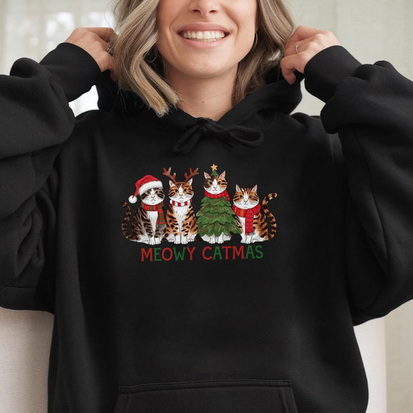 Humorous Christmas Cat Hoodie, Meowy Catmas Hoodie, Adorable Cat Lover Holiday Hooded Sweatshirt, Winter Catmas Pullover, Xma