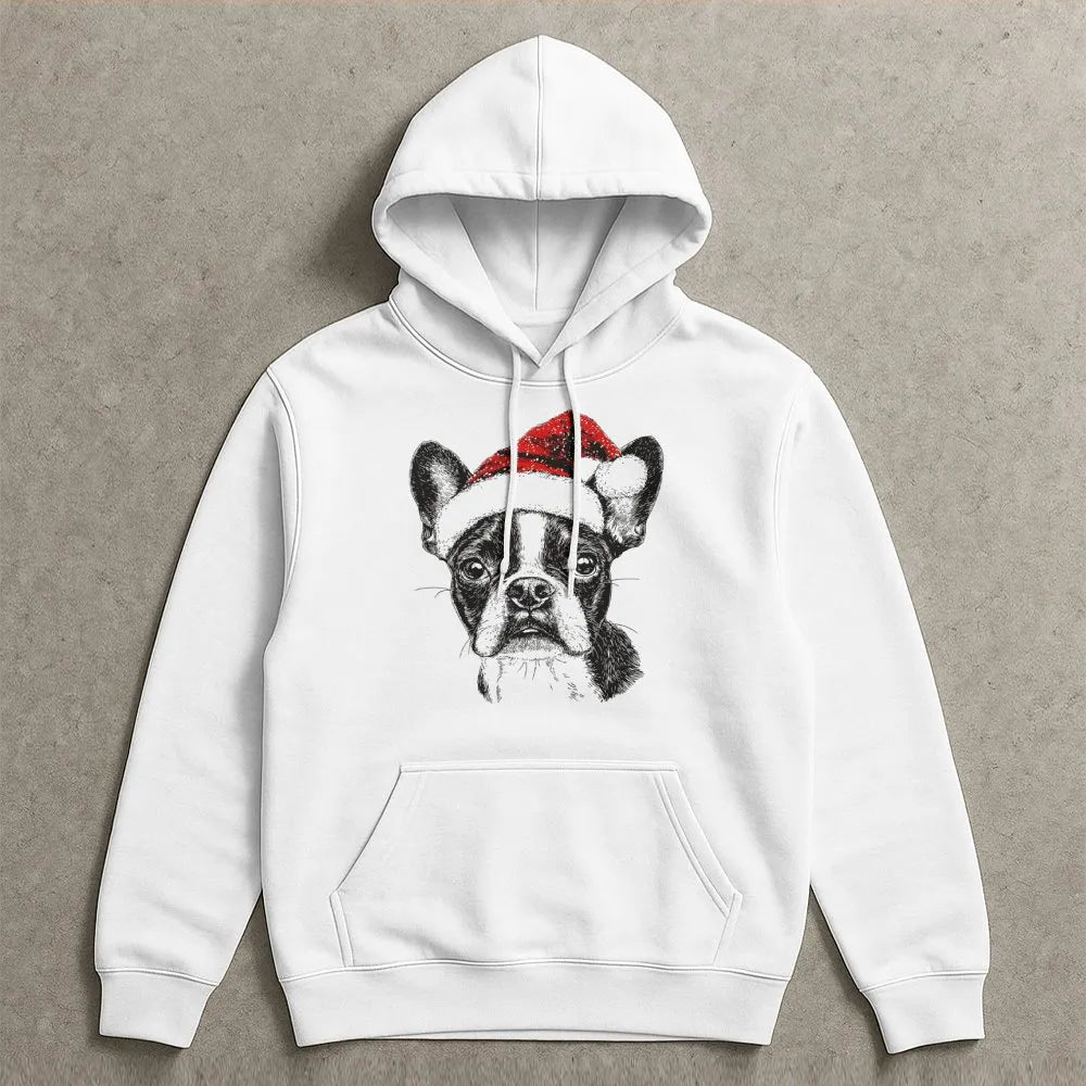 Adorable Dog Christmas Sweatshirt, Boston Terrier Santa Hoodie, Xmas Pet Lover Graphic Hoodie, Winter Holiday Pullover Hoodie
