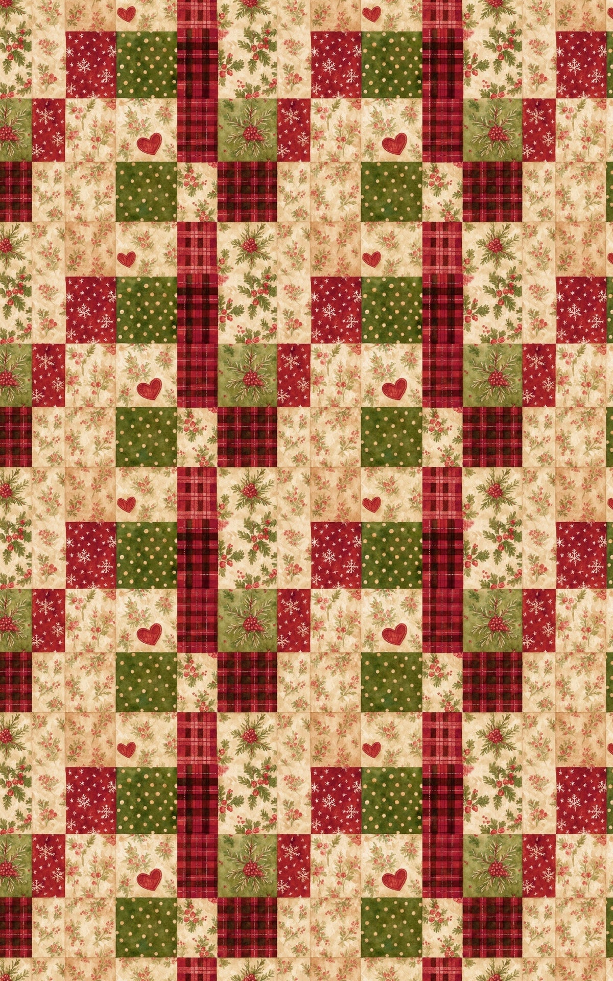 Patchwork Holiday Gift Wrap, Rustic Heart and Holly Wrapping Paper, Plaid Christmas Wrapping Paper, Quilt Pattern Gift Wrap R