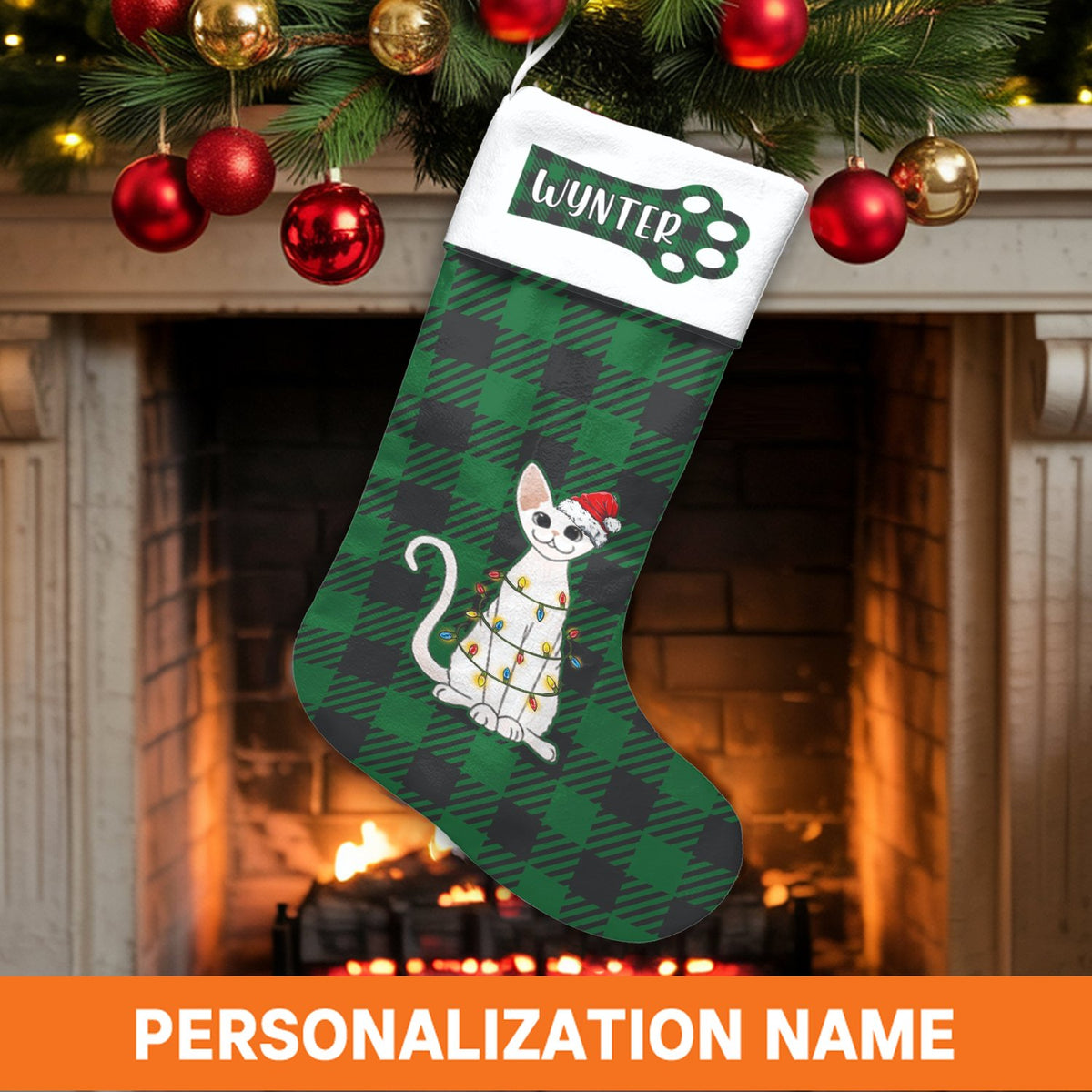 Buffalo Plaid Cat Stocking, Personalized Cat Christmas Stocking, Custom Name Pet Stocking, Holiday Decor Stocking, Pet Lover 