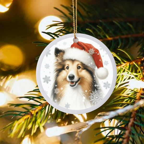 Santa Hat Sheltie Ceramic Ornament, Shetland Sheepdog Christmas Ornament, Dog Portrait Tree Ornament, Holiday Keepsake, Prese
