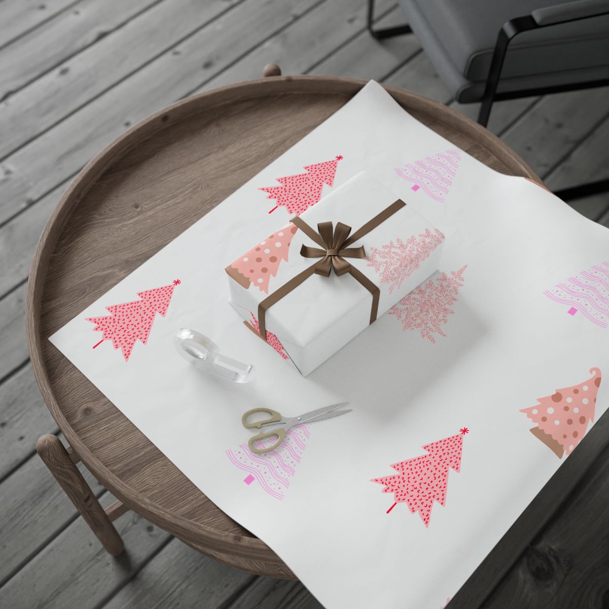 Adorable Tree Pattern Gift Wrap, Pink Christmas Wrapping Paper, Pastel Holiday Gift Wrapping Paper, Retro Merry Xmas Present 