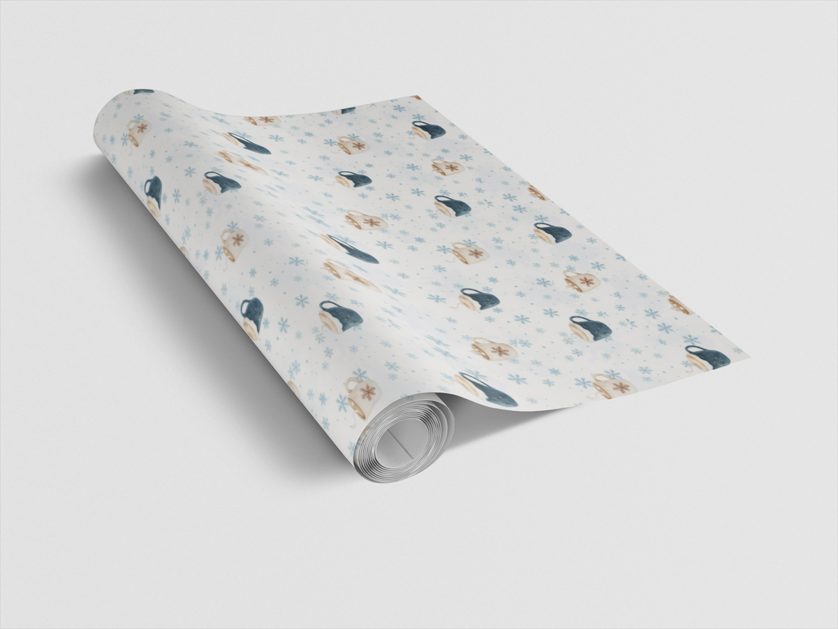 Winter Snowflake Gift Wrap, Hot Cocoa Mug Wrapping Paper, Comfy Coffee Lover Present Paper, Christmas Gift Wrap Roll