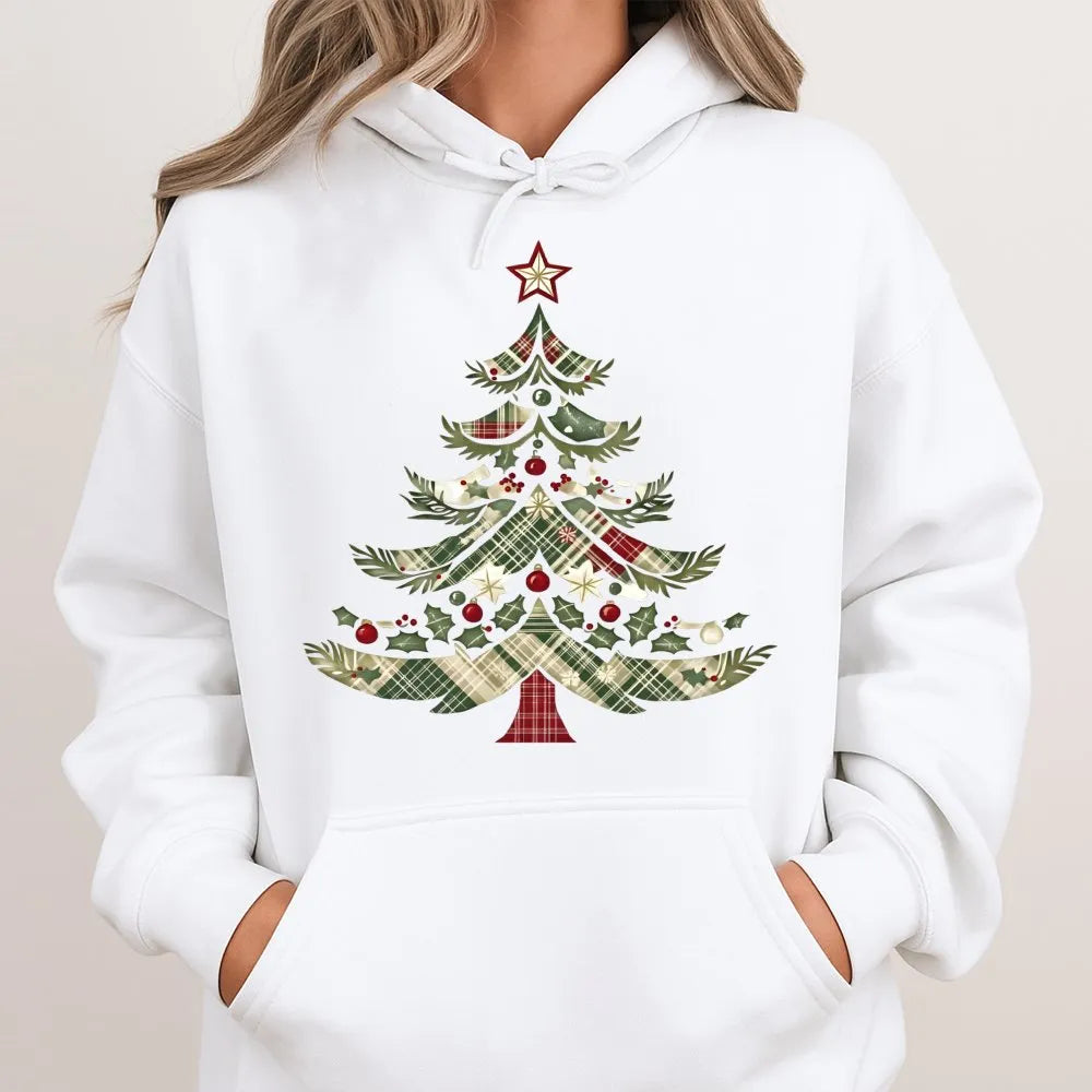 Festive Holiday Graphic Hooded Sweatshirt, Vintage Plaid Christmas Tree Hoodie, Comfy Winter Tree Pullover, Xmas Holiday Seas