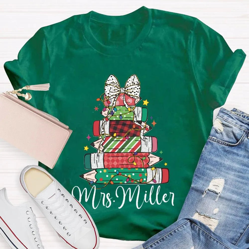 Colorful Crayons Bows Holiday Shirt, Personalized Christmas T-Shirt, Custom Name Kids Xmas Graphic Tee, Festive School Party 