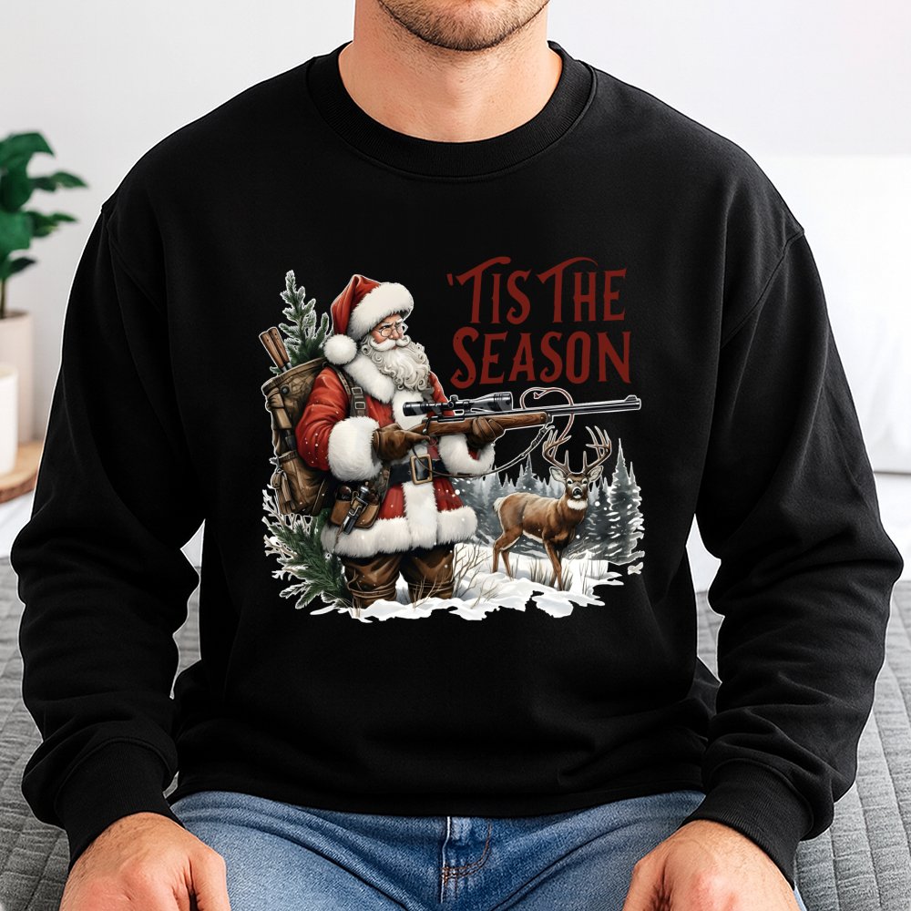 Deer Hunter Christmas Sweater, Tis the Season Santa Hunting Sweatshirt, Humorous Bow Hunting Crewneck, Outdoor Holiday Pullov