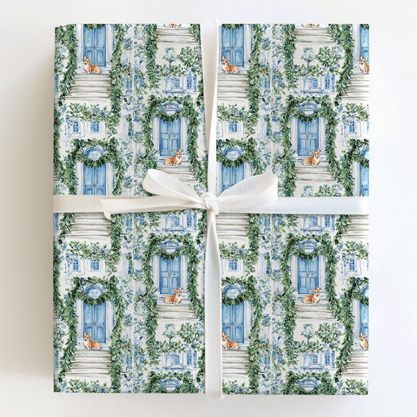 Watercolor Dog Blue Door Gift Wrap, Corgi Noel Christmas Wrapping Paper, Holiday Puppy Wrapping Paper, Pet Lover Winter Prese