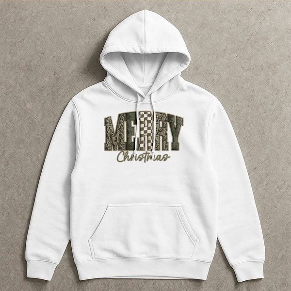 Checkerboard Holiday Sweatshirt, Merry Christmas Camo Hoodie, Camouflage Xmas Hoodie, Winter Graphic Pullover, Christmas Pres