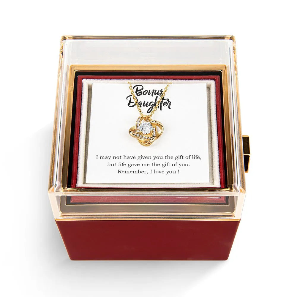 Stepdaughter Love Knot Pendant with Rose Box, Bonus Daughter Love Knot Necklace, CZ Crystal Love Knot Necklace, Birthday Chri