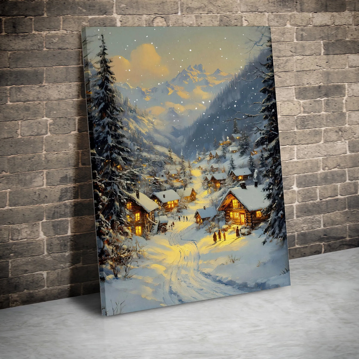 Comfy Winter Cabin Evening Oil Painting Print, Snowy Mountain Village Canvas Wall Art, Alpine Village Christmas Poster, Digit
