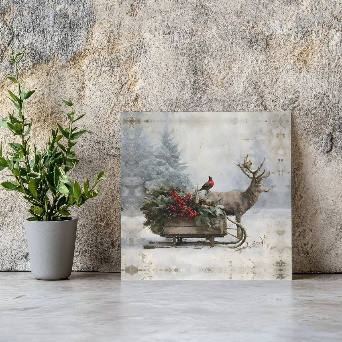 Rustic Christmas Sleigh Canvas, Winter Deer Square Canvas Wall Art, Bullfinch Berry Farmhouse Wall Art, Holiday Nature Canvas