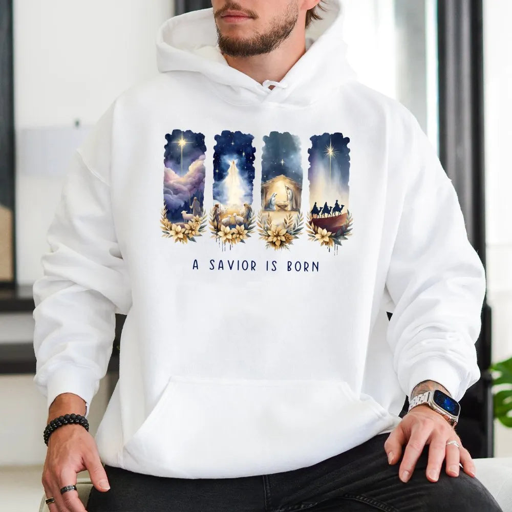 Nativity Scene Graphic Sweatshirt, A Savior Is Born Hoodie, Christian Religious Christmas Pullover, Holy Night Hooded Sweatsh