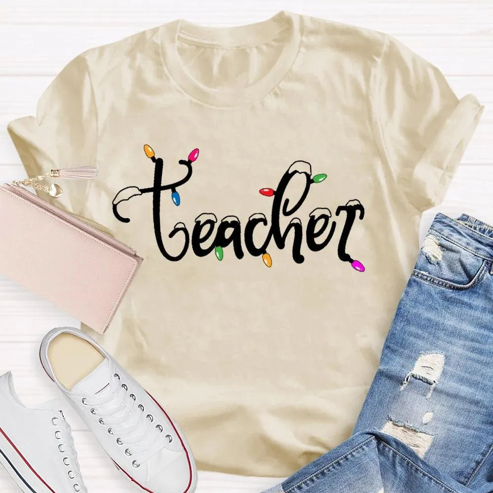 Adorable Holiday Educator Graphic Tee, Christmas Lights Snow Teacher T-Shirt, Festive Winter Teacher Shirt, Merry Christmas P