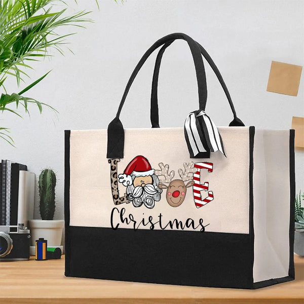 Festive Holiday Canvas Tote, Christmas Love Cotton Tote Bag, Winter Daily Shoulder Bag, Reusable Grocery Shopper, Xmas Presen