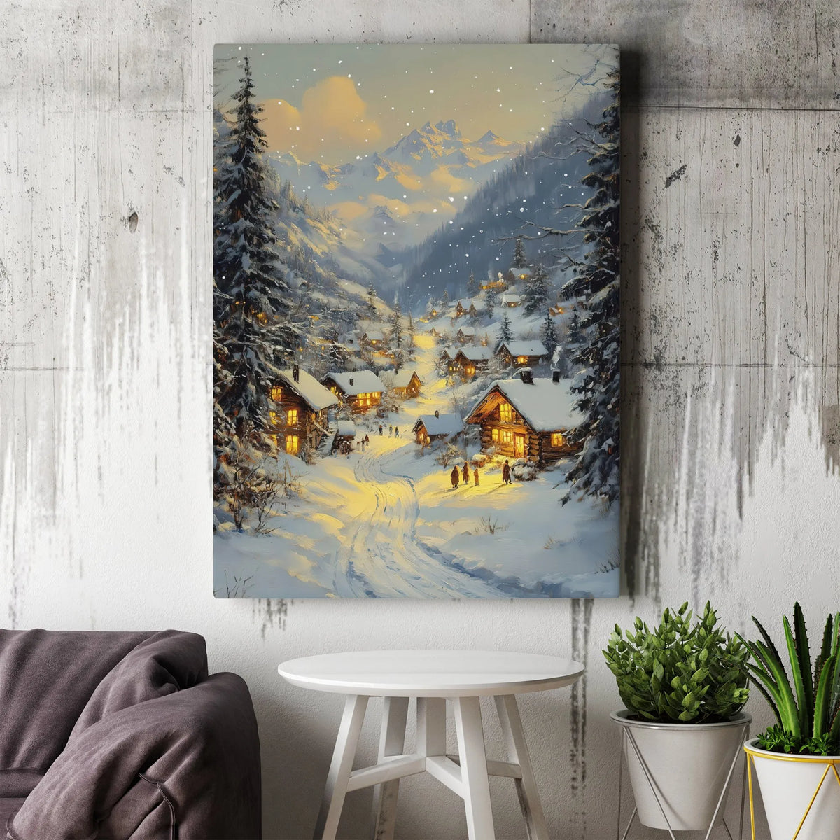 Comfy Winter Cabin Evening Oil Painting Print, Snowy Mountain Village Canvas Wall Art, Alpine Village Christmas Poster, Digit