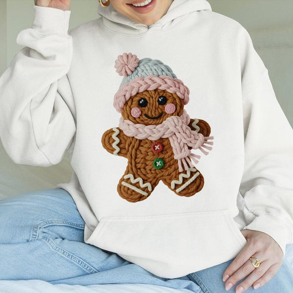 Knitted Yarn Texture Christmas Sweatshirt, Adorable Gingerbread Man Hoodie, Comfy Holiday Cookie Pullover, Retro Winter Xmas 