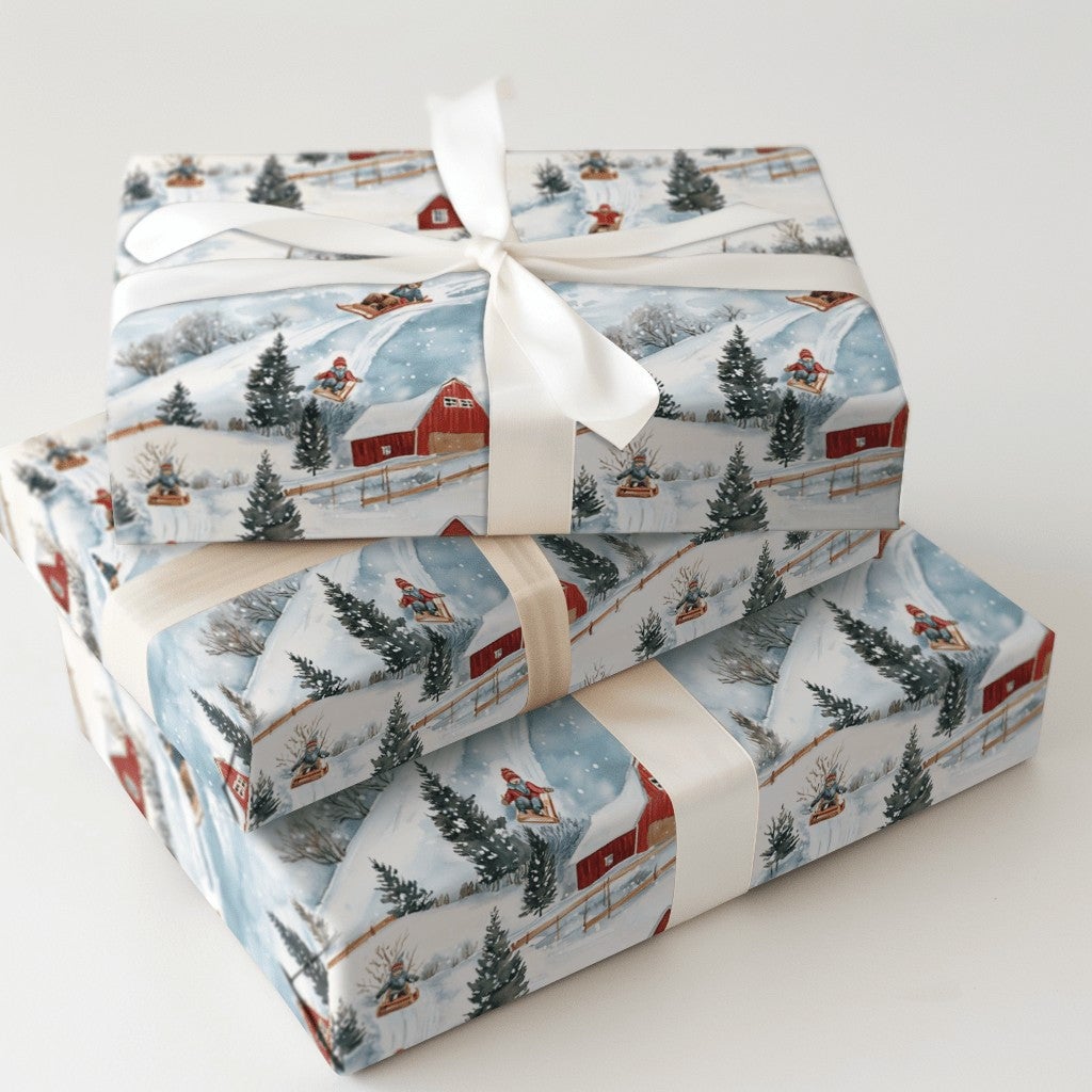 Rustic Red Barn Christmas Gift Wrap, Winter Sledding Wrapping Paper, Country Snow Scene Wrapping Paper, Festive Holiday Prese