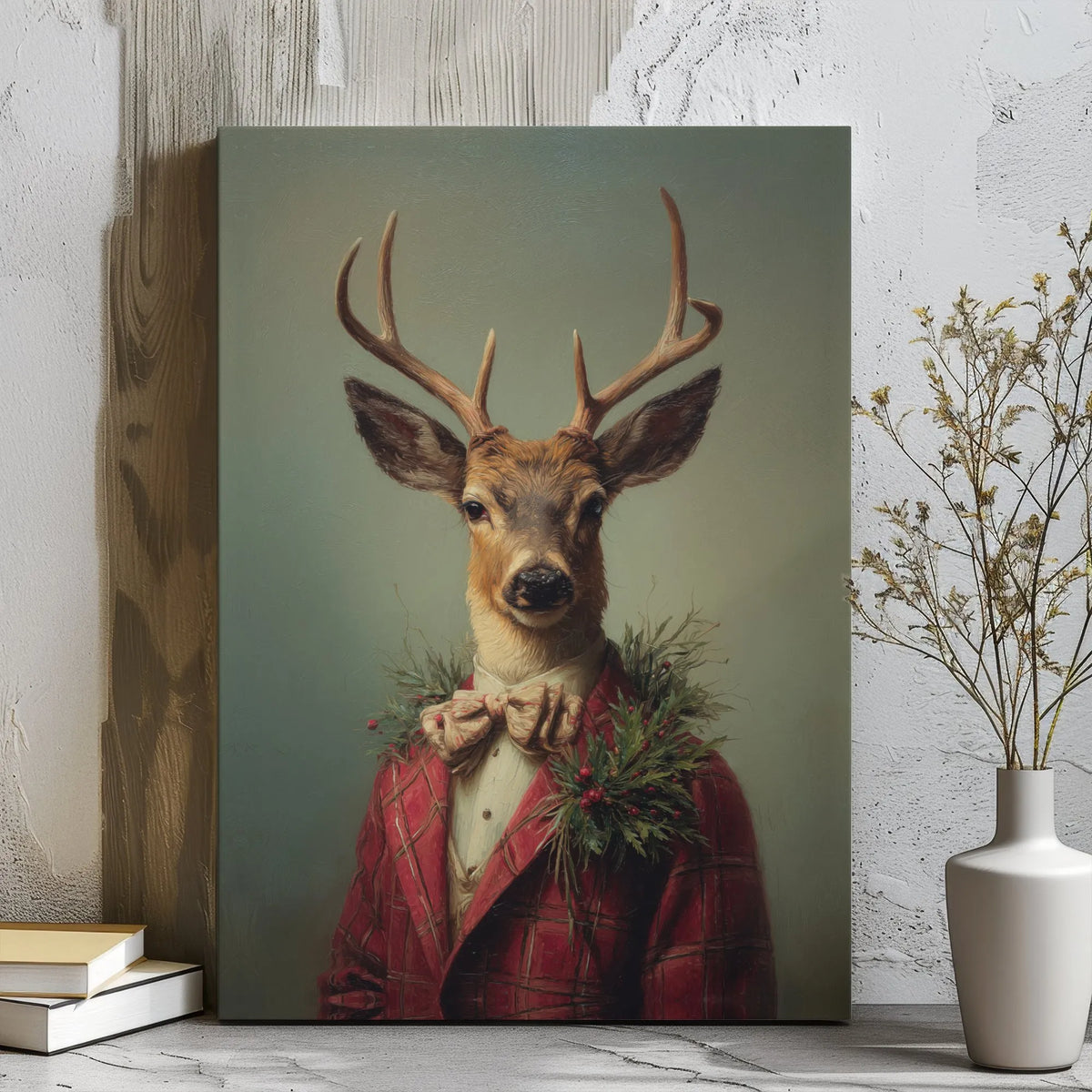 Vintage Christmas Buck Portrait Print, Dapper Deer Red Plaid Suit Canvas Wall Art, Rustic Holiday Lodge Decor, Winter Cabin P