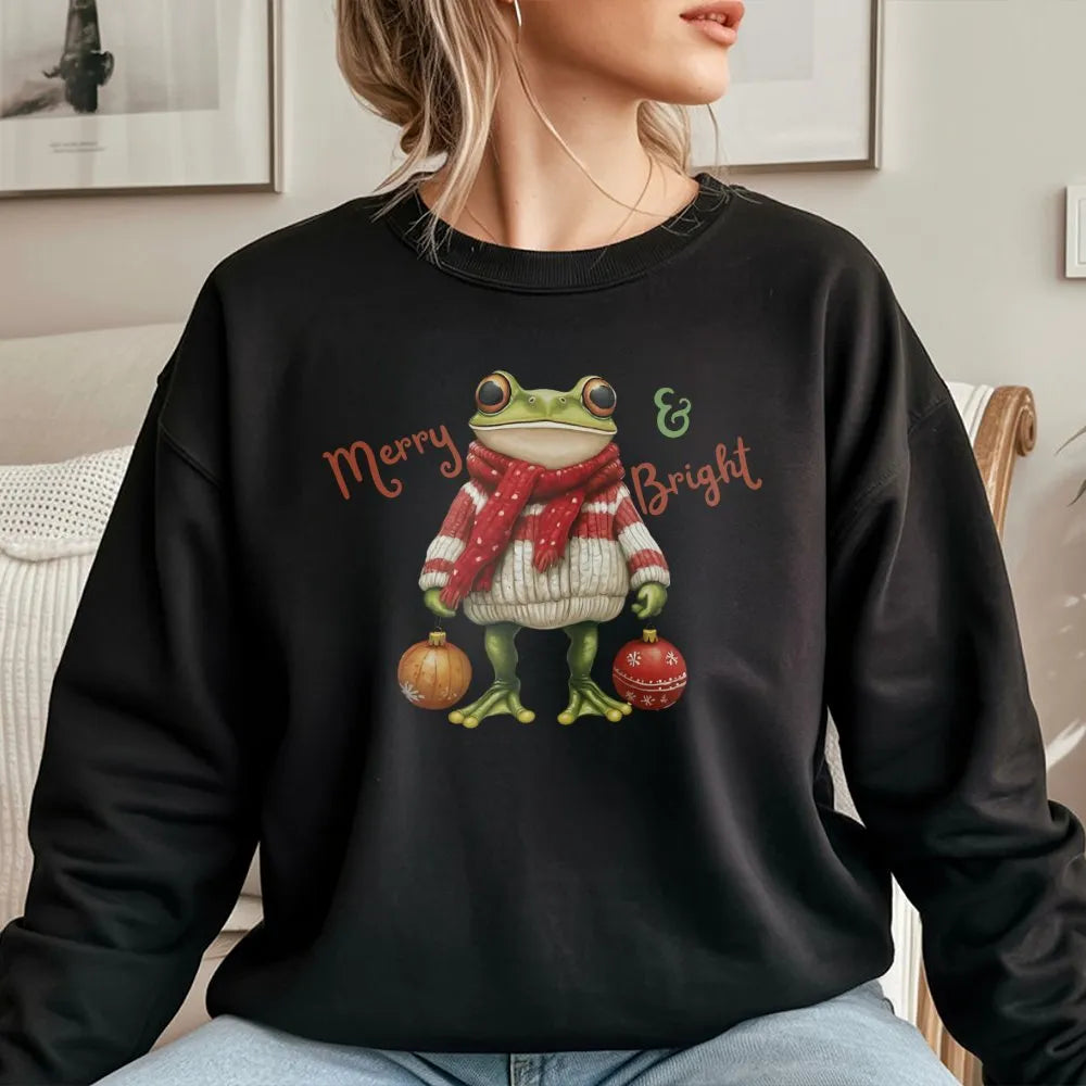 Humorous Christmas Frog Crewneck, Merry and Bright Frog Sweatshirt, Adorable Holiday Animal Sweater, Winter Frog Lover Pullov