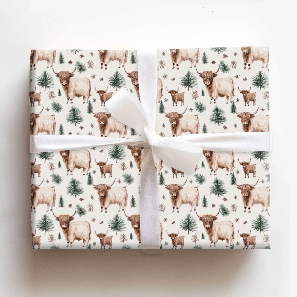 Rustic Winter Calf Gift Wrap, Highland Cow Christmas Wrapping Paper, Farmhouse Pine Tree Wrapping Paper, Watercolor Cow Holid