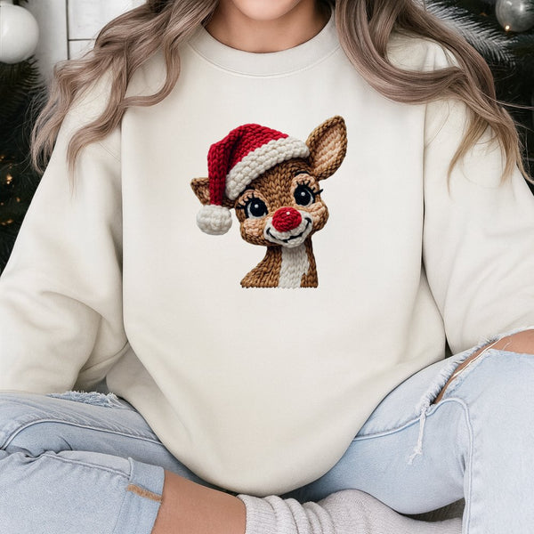 Faux Yarn Knit Holiday Sweater, Reindeer Christmas Sweatshirt, Adorable Reindeer Graphic Crewneck, Comfy Winter Pullover, Xma