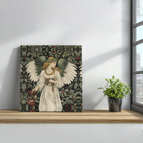 Victorian Holly Berry Damask Canvas, Christmas Angel Square Canvas Wall Art, Holiday Religious Wall Art, Vintage Xmas Canvas 