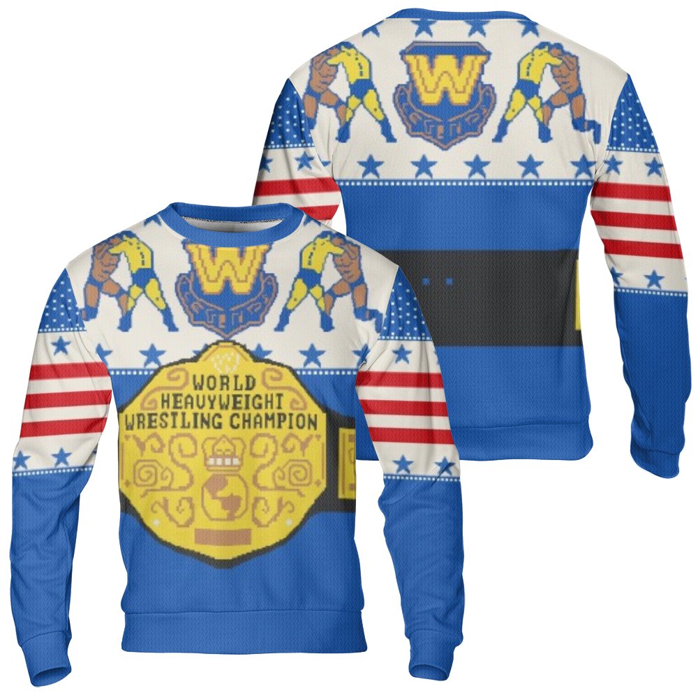 Retro Pixel Art Wrestling Belt Sweatshirt, Wrestling Championship Ugly Sweater, Humorous Wrestling Ugly Christmas Sweater, Re