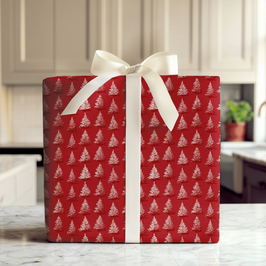 White Pine Tree Pattern Gift Wrap, Red Christmas Wrapping Paper, Classic Rustic Holiday Gift Wrapping Paper, Winter Season Pa