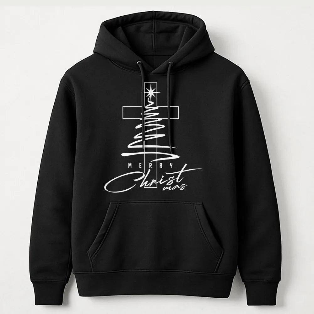 Christian Christmas Tree Hoodie, Merry Christmas Cross Hoodie, Religious Faith Holiday Hoodie, Winter Pullover Sweatshirt, Fa