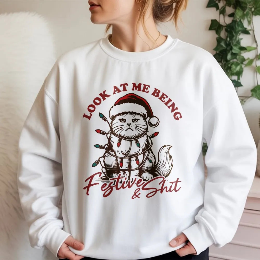 Grumpy Cat Tangled in Lights Sweater, Humorous Christmas Cat Sweatshirt, Sarcastic Xmas Cat Lover Crewneck, Holiday Kitty Pul