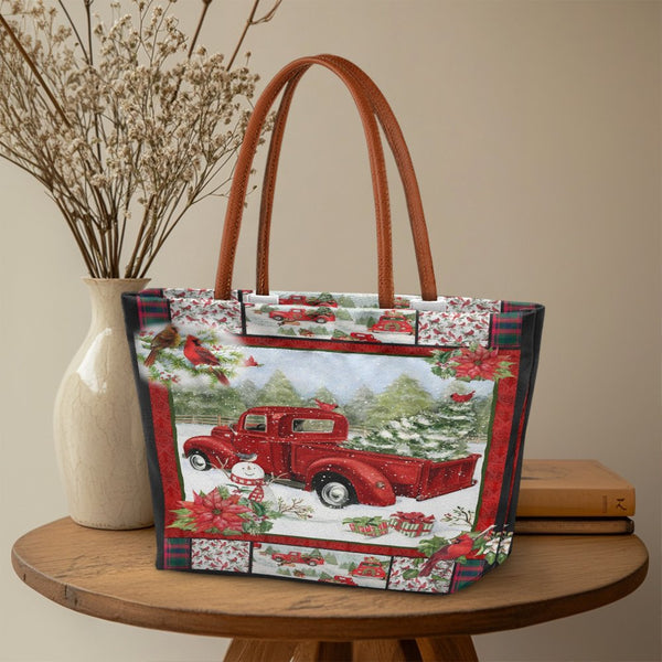 Winter Snowman Cardinal Tote Bag, Christmas Red Truck Tote Bag, Vintage Holiday Farmhouse Tote Bag, Retro Xmas Handbag, Prese