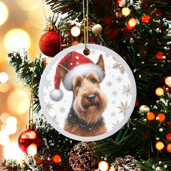Santa Hat Dog Holiday Ornament, Welsh Terrier Christmas Ornament, Ceramic Welsh Terrier Keepsake Ornament, Dog Lover Xmas Tre