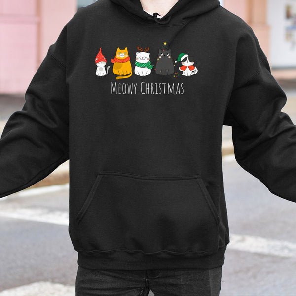 Adorable Holiday Kitty Sweatshirt, Meowy Christmas Cat Hoodie, Humorous Animal Lover Xmas Pullover, Retro Winter Cat Hooded G
