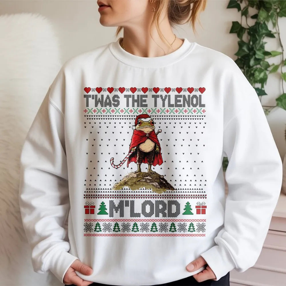 Humorous Frog Christmas Meme Crewneck, Twas the Tylenol Mlord Sweatshirt, Medieval Frog Holiday Sweatshirt, Viral Humor Xmas 