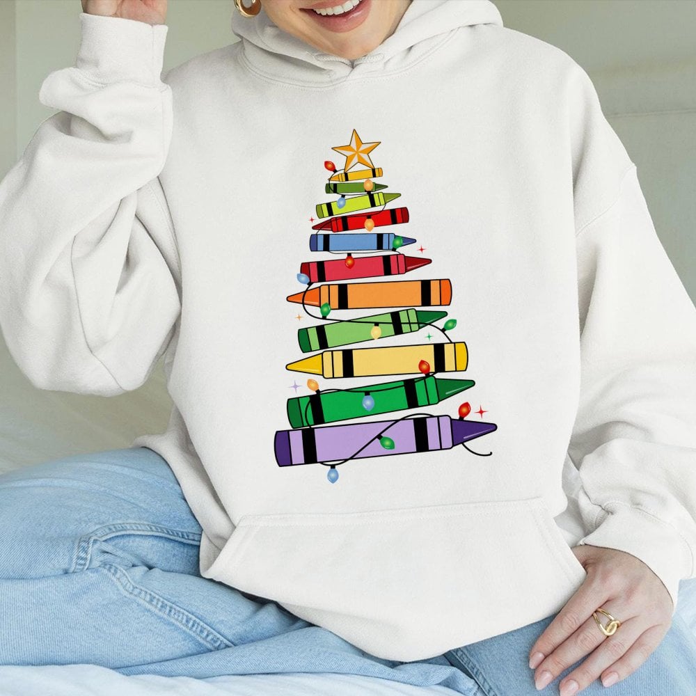 Teacher Holiday Crayon Sweatshirt, Christmas Crayon Tree Hoodie, Elementary School Educator Pullover, Adorable Festive Winter